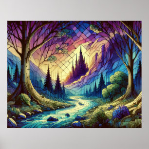 Fantasy-Schloss mit verzaubertem Wald und Fluss Poster