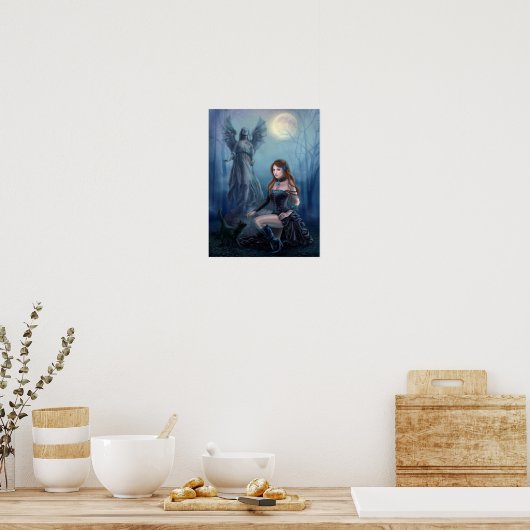 Fantasy Schöne Frau mit schwarzer Katze Poster (Küche)