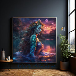 Fantasy Schöne Prinzessin Siren Mermaid am See Leinwanddruck