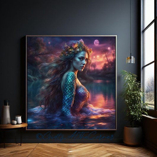 Fantasy Schöne Prinzessin Siren Mermaid am See Leinwanddruck