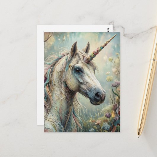 Fantasy Schönes Einhorn im Wald Postkarte (Vorderseite/Rückseite Beispiel)