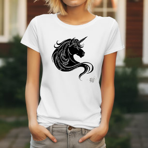 Fantasy Schwarzer Stammes-Einhorn Weiß Minimalisti T-Shirt