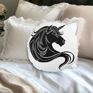 Fantasy Schwarzes Stammes Einhorn Weiß Minimalisti Rundes Kissen
