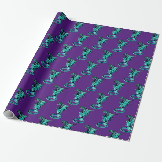 Fantasy Sea Blue Dragon Wrapping Paper Lila Geschenkpapier (Ungerollt)