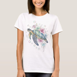 Fantasy Sea Turtle with Flowers and Pearlescent Bu T-Shirt