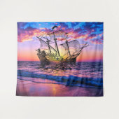 Fantasy Ship on the Sea - Abstrakter Ozean Sunset Wandteppich (Vorderseite (Horizontal))