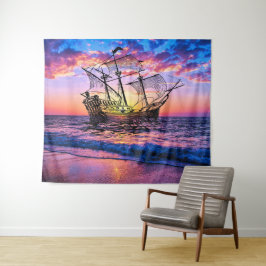 Fantasy Ship on the Sea - Abstrakter Ozean Sunset Wandteppich