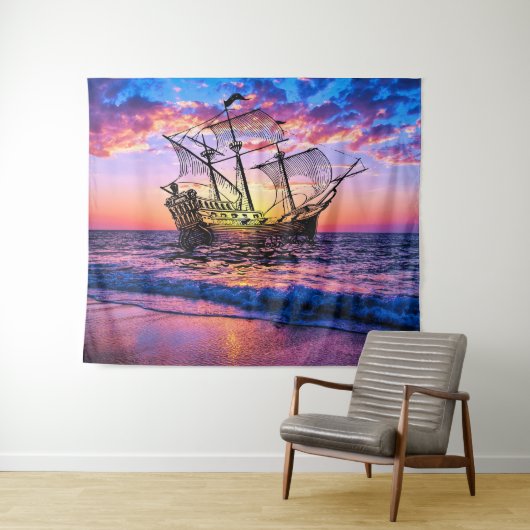 Fantasy Ship on the Sea - Abstrakter Ozean Sunset Wandteppich (Beispiel (Horizontal))