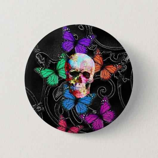 Fantasy skull and colored butterflies button (Vorderseite)