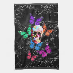 Fantasy skull and colored butterflies geschirrtuch
