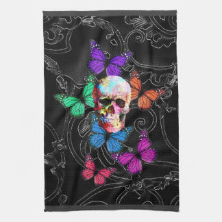 Fantasy skull and colored butterflies geschirrtuch