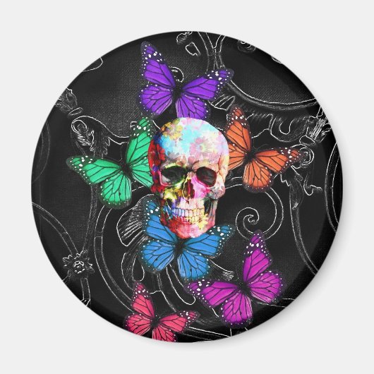 Fantasy skull and colored butterflies magnet (Vorne)