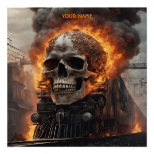 Fantasy Skull Train Flames Wreck Poster