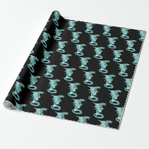 Fantasy Sky Blue Dragon Wrapping Paper Black