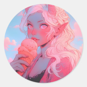 Fantasy Soft Pink Ice Cream Anime Girl Runder Aufkleber