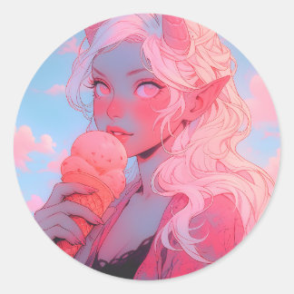 Fantasy Soft Pink Ice Cream Anime Girl Runder Aufkleber