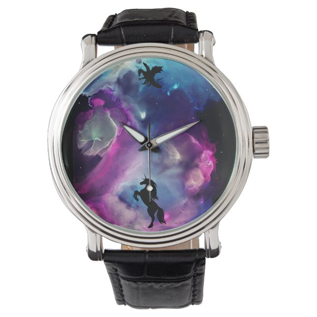 Fantasy Space Nebula Einhorn Drache Rosa Blau Armbanduhr (Vorderseite)