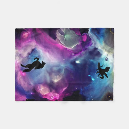 Fantasy Space Nebula Einhorn Drache Rosa Blau Fleecedecke (Vorderseite (Horizontal))