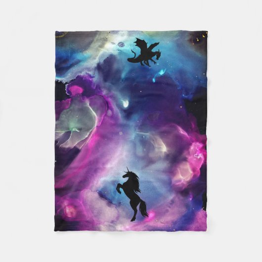 Fantasy Space Nebula Einhorn Drache Rosa Blau Fleecedecke (Vorderseite)