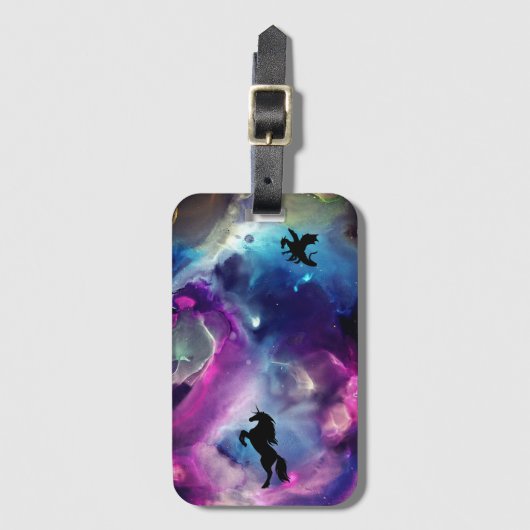 Fantasy Space Nebula Einhorn Drache Rosa Blau Gepäckanhänger (Vorderseite Vertikal)