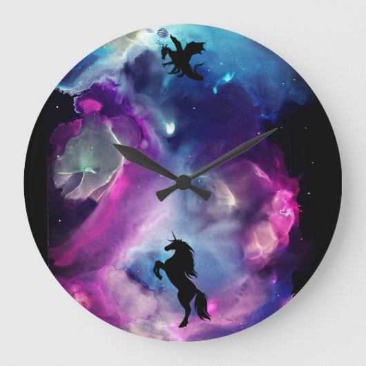 Fantasy Space Nebula Einhorn Drache Rosa Blau Große Wanduhr (Vorderseite)
