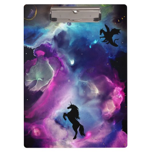 Fantasy Space Nebula Einhorn Drache Rosa Blau Klemmbrett (Vorderseite)