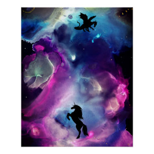 Fantasy Space Nebula Einhorn Drache Rosa Blau Poster