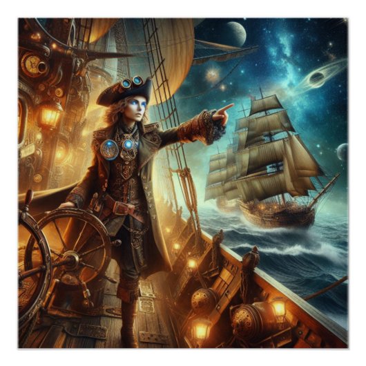Fantasy Space Pirate Steampunk Vintag Viktorianisc Poster (Vorderseite)