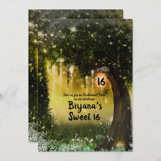 Fantasy Sparkle Verzauberter Grünwald Süße 16 Einladung (Vorne/Hinten)