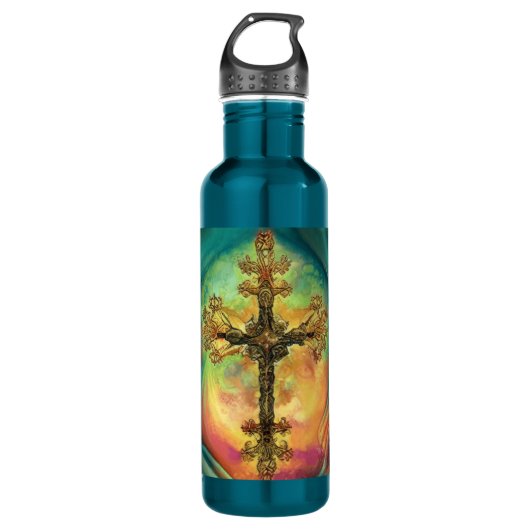 Fantasy Steampunk Verziert Cross in Aqua Edelstahlflasche (Vorderseite)
