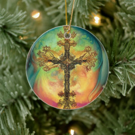 Fantasy Steampunk Verziert Cross in Aqua Keramik Ornament