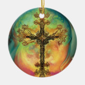 Fantasy Steampunk Verziert Cross in Aqua Keramik Ornament (Vorne)