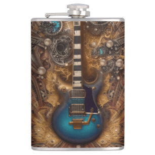 Fantasy Steampunk Vintage Blaue Gitarre Wasserfarb Flachmann