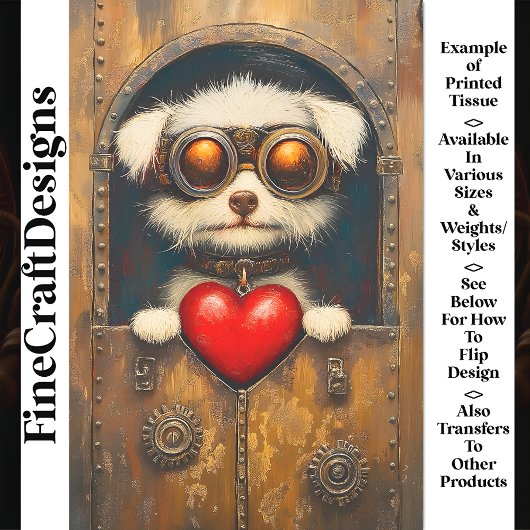 Fantasy Steampunk Welpe Hund + Herz AR4 Decoupage Seidenpapier