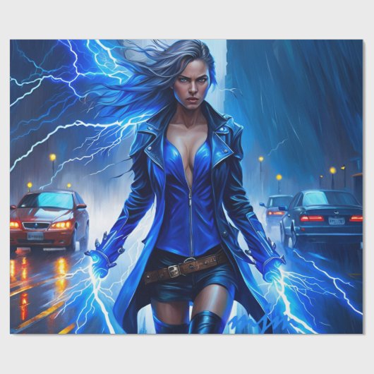 Fantasy Super Hero Girl mit Blitzlicht Power Geschenkpapier (Flach)