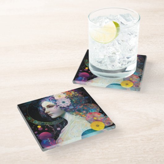 Fantasy Surreal Cosmic Frau Goddess Glasuntersetzer (Schrägansicht)