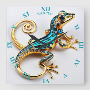 Fantasy Süß Lebendig Art Deco Gecko Quadratische Wanduhr