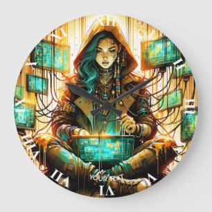Fantasy Süße Grüne Weibliche Cyber Große Wanduhr