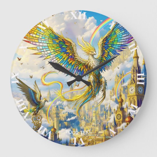 Fantasy Süße Steampunk-Greif-Stadt Große Wanduhr (Vorderseite)