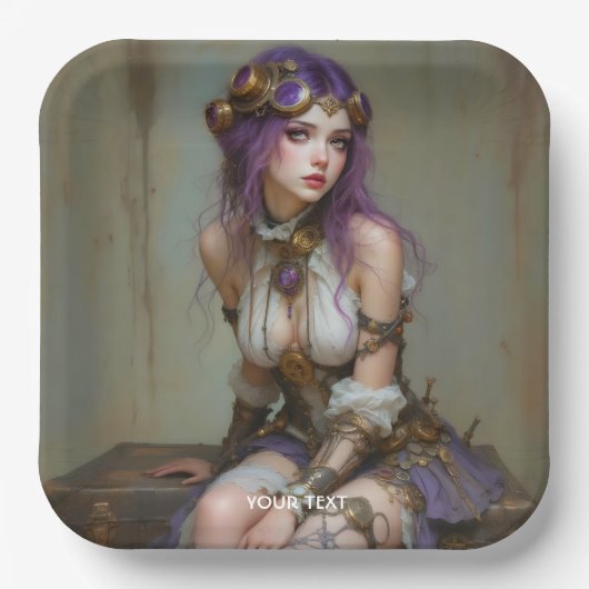 Fantasy Süße Steampunk Lila Mädchen Pappteller (Vorderseite)