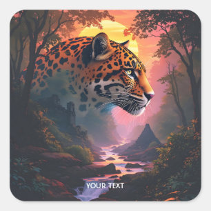 Fantasy Süßer Leopard bei Sonnenuntergang Quadratischer Aufkleber