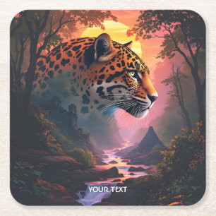 Fantasy Süßer Leopard Bei Sonnenuntergang Rechteckiger Pappuntersetzer