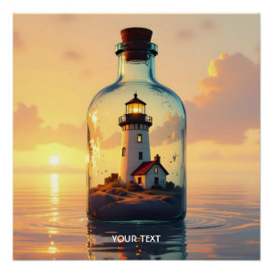 Fantasy Süßer Leuchtturm In Flasche Poster