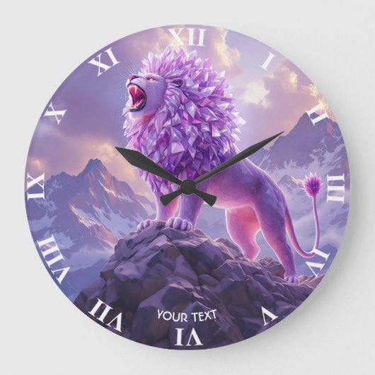 Fantasy Süßer Lila Amethyst Löwe Große Wanduhr (Vorderseite)