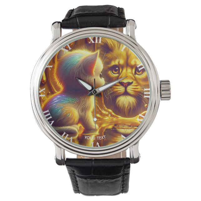 Fantasy Süßer Löwe und Kätzchen Armbanduhr (Vorderseite)
