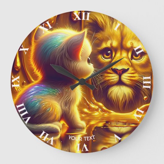 Fantasy Süßer Löwe und Kätzchen Große Wanduhr (Vorderseite)