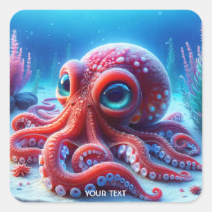 Fantasy Süßer Roter Meer-Oktopus Quadratischer Aufkleber