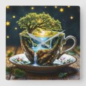 Fantasy Teacup Miniworld Wasserfälle Quadratische Wanduhr (Vorderseite)