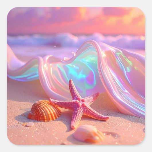 Fantasy-Traumstrand mit schönem rosa Seestern Quadratischer Aufkleber (Vorderseite)