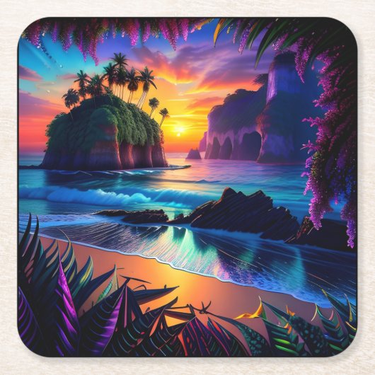 Fantasy Tropical Beach Three Rechteckiger Pappuntersetzer (Vorderseite)